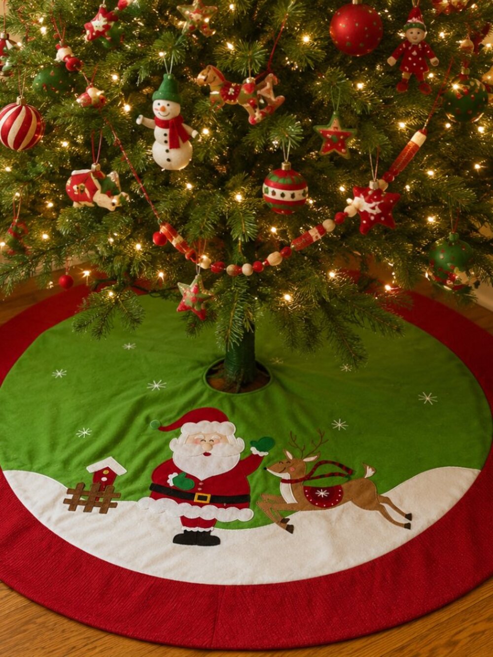 Whimsical Santa & Reindeer Christmas Tree Skirt – Heavy Felt Holiday Décor